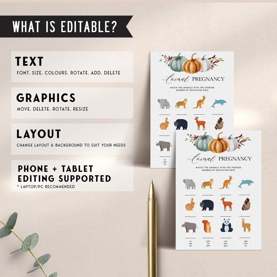 Fully editable and printable baby shower animal pregnancy game with a fall pumpkin design. Perfect for a Fall Pumpkin baby shower themed party
