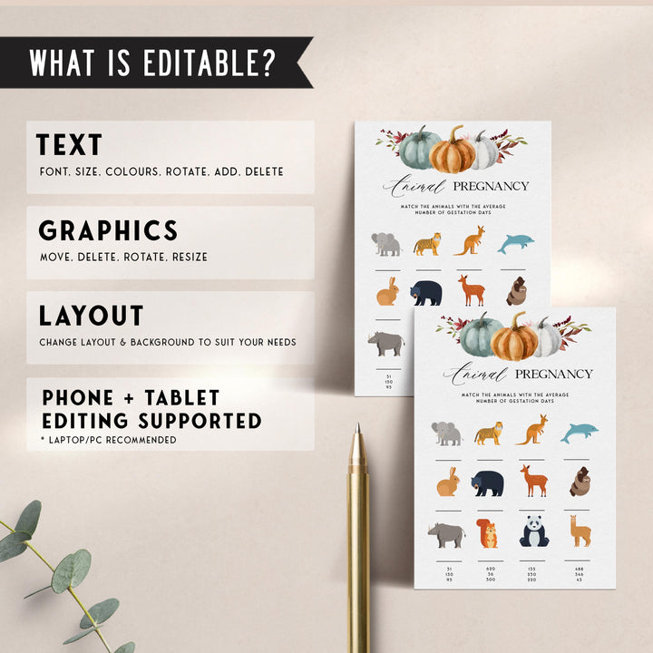 Fully editable and printable baby shower animal pregnancy game with a fall pumpkin design. Perfect for a Fall Pumpkin baby shower themed party