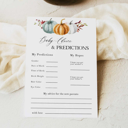 Fully editable and printable baby shower baby advice and predictions game with a fall pumpkin design. Perfect for a Fall Pumpkin baby shower themed party