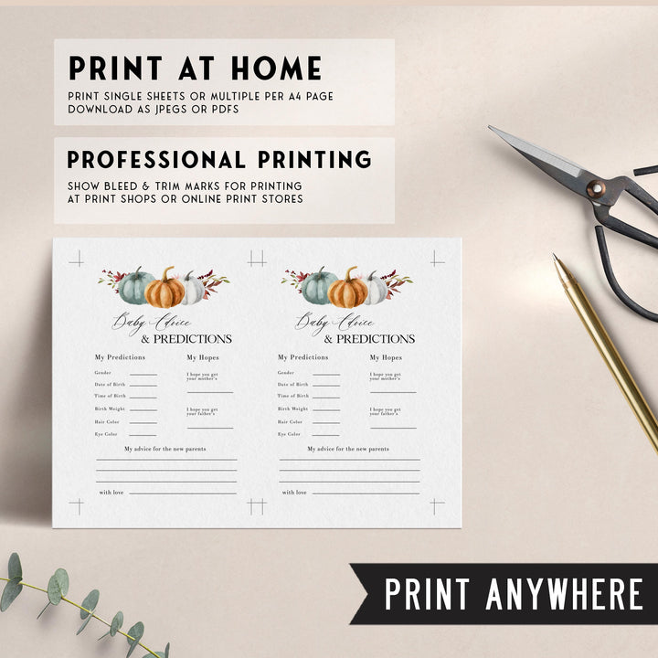 Fully editable and printable baby shower baby advice and predictions game with a fall pumpkin design. Perfect for a Fall Pumpkin baby shower themed party