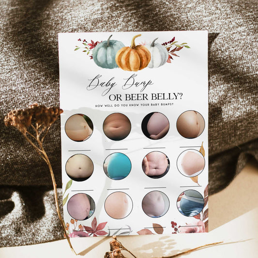 Fully printable baby shower baby bump or beer belly game with a fall pumpkin design. Perfect for a Fall Pumpkin baby shower themed party