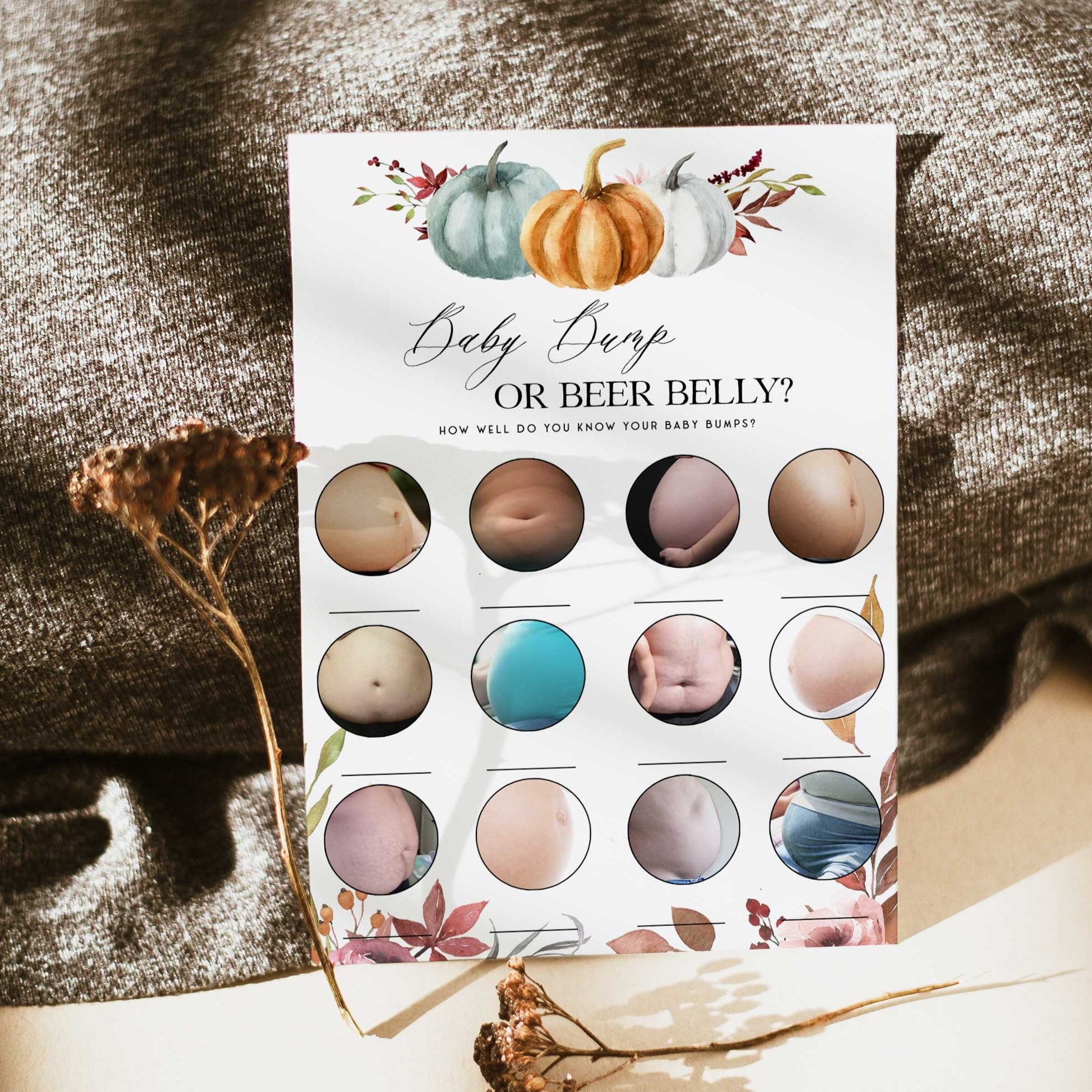 Fully editable and printable baby shower porn or labor, baby bump or beer bally games with a fall pumpkin design. Perfect for a Fall Pumpkin baby shower themed party