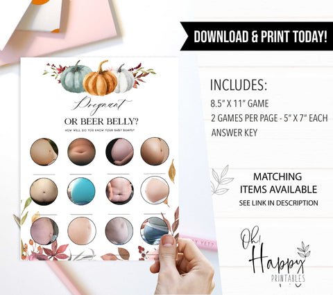 Fully editable and printable baby shower pregnant or beer belly game with a fall pumpkin design. Perfect for a Fall Pumpkin baby shower themed party