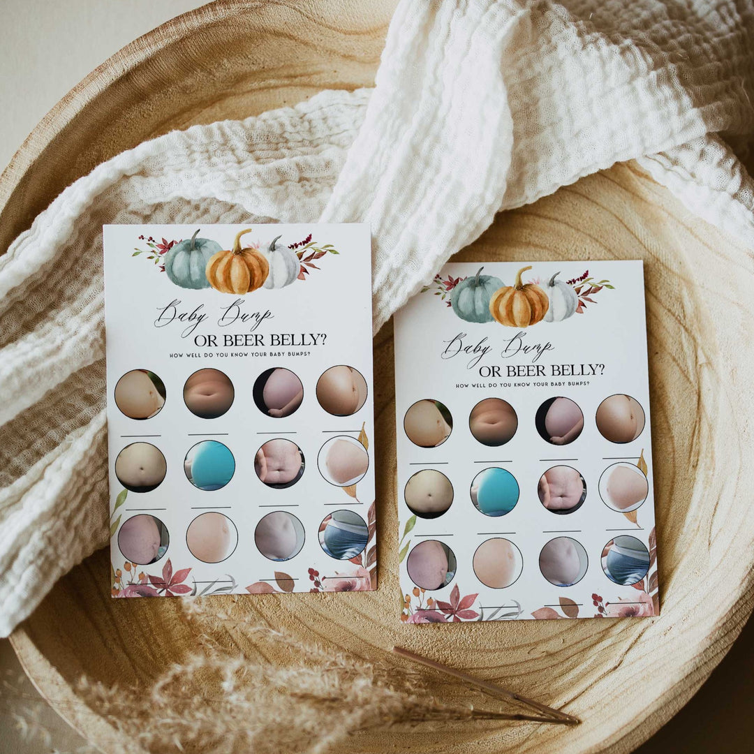 Fully editable and printable baby shower porn or labor, baby bump or beer bally games with a fall pumpkin design. Perfect for a Fall Pumpkin baby shower themed party