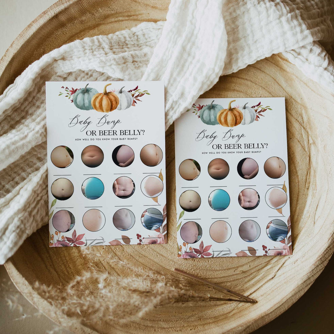 Fully printable baby shower baby bump or beer belly game with a fall pumpkin design. Perfect for a Fall Pumpkin baby shower themed party