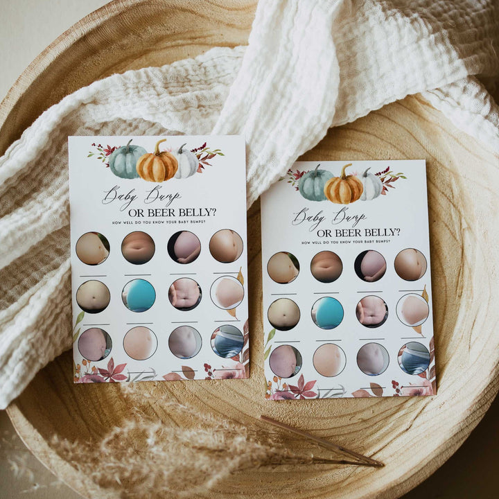 Fully editable and printable baby shower porn or labor, baby bump or beer bally games with a fall pumpkin design. Perfect for a Fall Pumpkin baby shower themed party