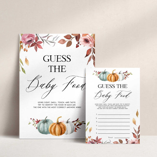 Fully editable and printable baby shower guess the baby food game with a fall pumpkin design. Perfect for a Fall Pumpkin baby shower themed party