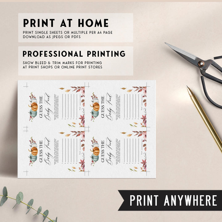 Fully editable and printable baby shower guess the baby food game with a fall pumpkin design. Perfect for a Fall Pumpkin baby shower themed party