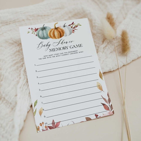 Fully editable and printable baby shower memory game with a fall pumpkin design. Perfect for a Fall Pumpkin baby shower themed party