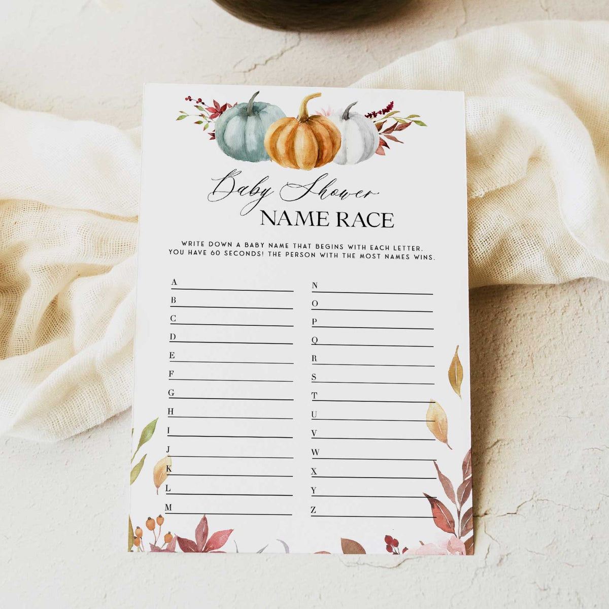 Fully editable and printable baby shower baby name race game with a fall pumpkin design. Perfect for a Fall Pumpkin baby shower themed party