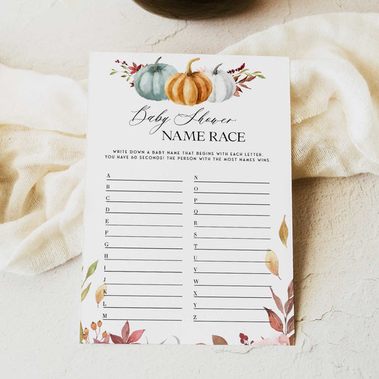Fully editable and printable baby shower baby name race game with a fall pumpkin design. Perfect for a Fall Pumpkin baby shower themed party