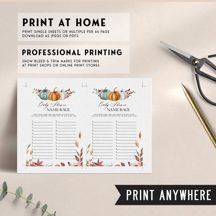 Fully editable and printable baby shower baby name race game with a fall pumpkin design. Perfect for a Fall Pumpkin baby shower themed party