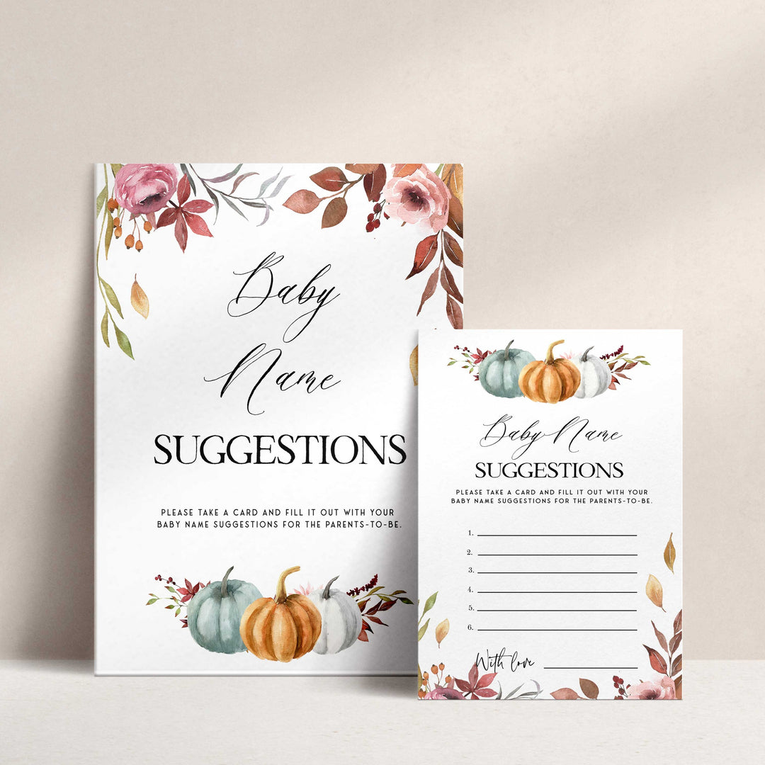 Fully editable and printable baby shower baby name suggestions game with a fall pumpkin design. Perfect for a Fall Pumpkin baby shower themed party