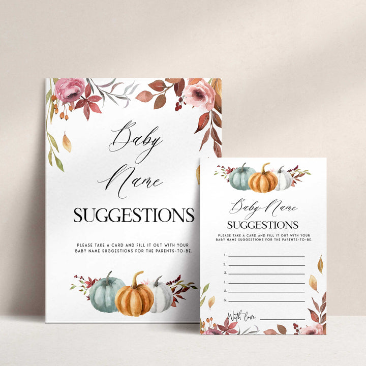 Fully editable and printable baby shower baby name suggestions game with a fall pumpkin design. Perfect for a Fall Pumpkin baby shower themed party