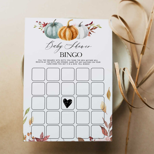 Fully editable and printable baby shower baby bingo game with a fall pumpkin design. Perfect for a Fall Pumpkin baby shower themed party