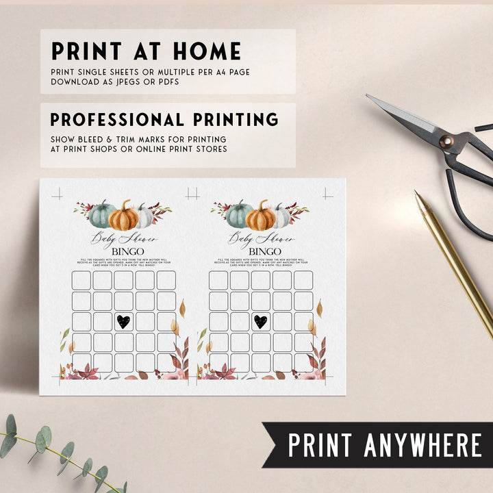 Fully editable and printable baby shower baby bingo game with a fall pumpkin design. Perfect for a Fall Pumpkin baby shower themed party