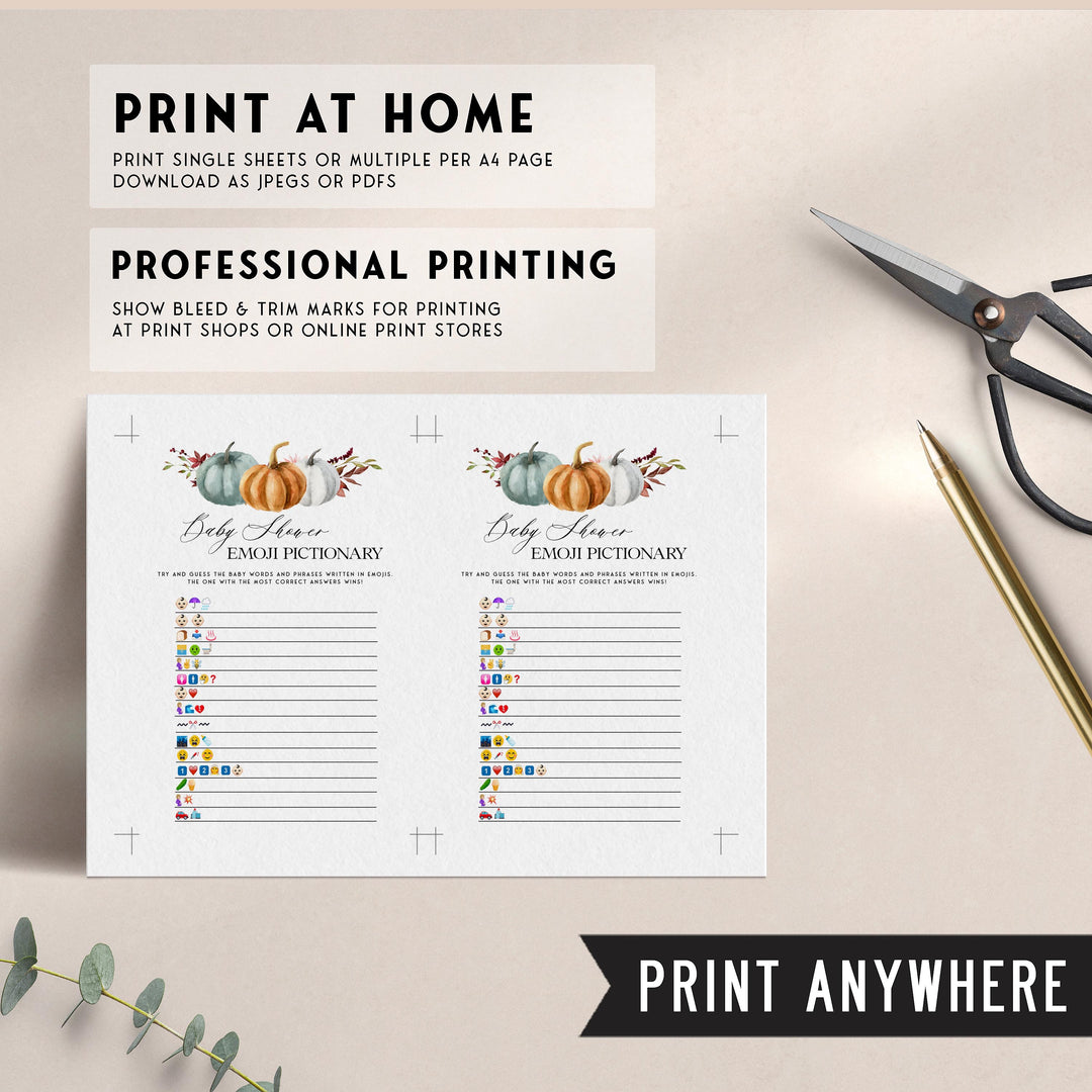 Fully editable and printable baby shower emoji pictionary game with a fall pumpkin design. Perfect for a Fall Pumpkin baby shower themed party