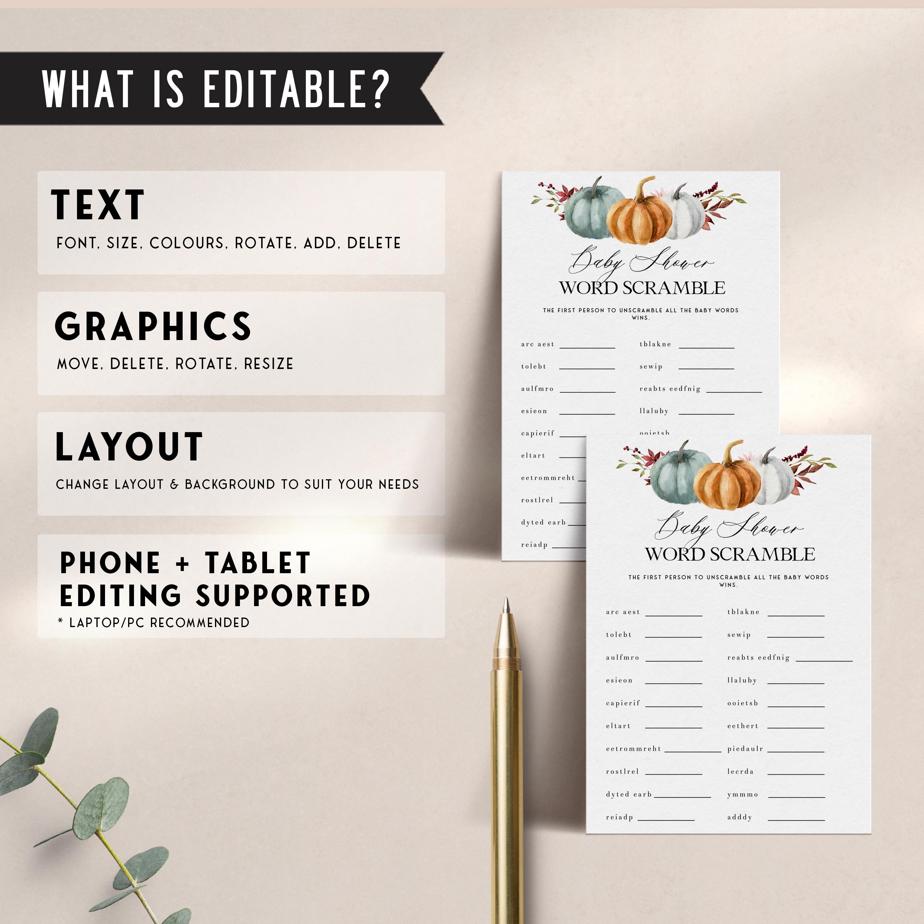 Fully editable and printable baby shower word scramble game with a fall pumpkin design. Perfect for a Fall Pumpkin baby shower themed party
