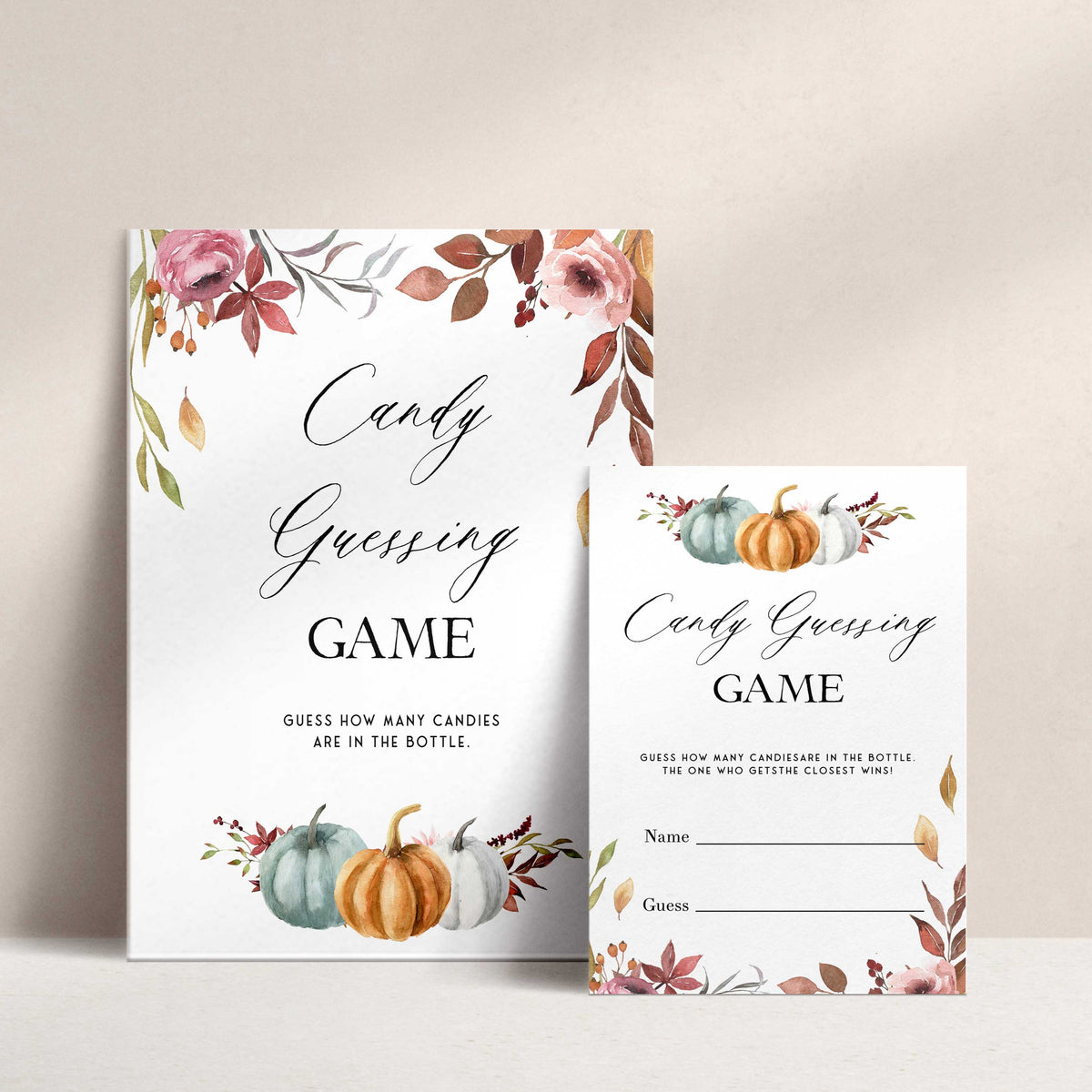 Fully editable and printable baby shower candy guessing game with a fall pumpkin design. Perfect for a Fall Pumpkin baby shower themed party
