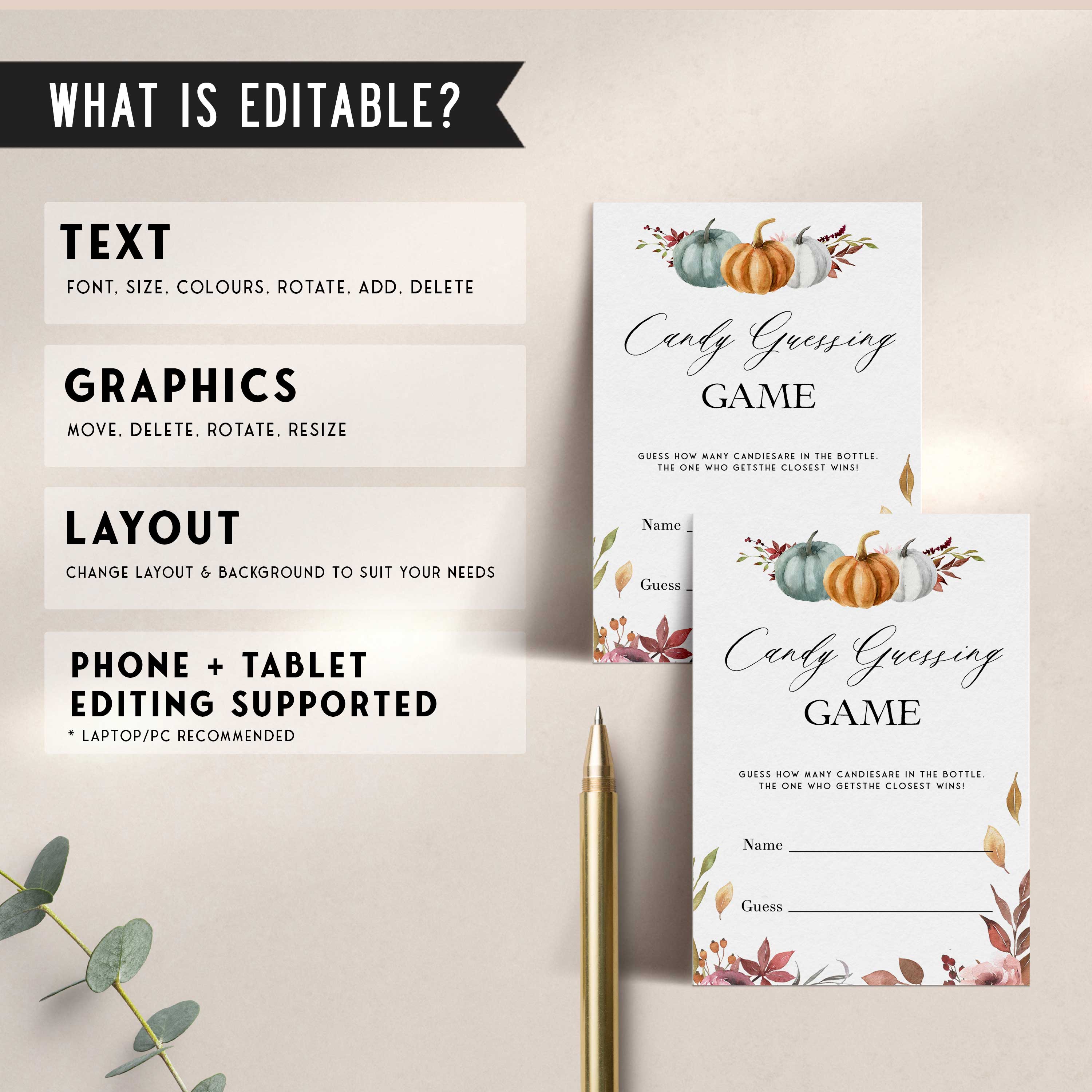 Fully editable and printable baby shower candy guessing game with a fall pumpkin design. Perfect for a Fall Pumpkin baby shower themed party