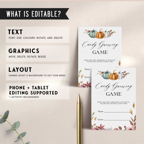 Fully editable and printable baby shower candy guessing game with a fall pumpkin design. Perfect for a Fall Pumpkin baby shower themed party