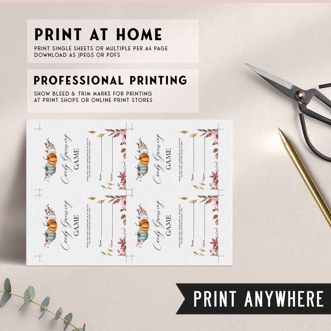 Fully editable and printable baby shower candy guessing game with a fall pumpkin design. Perfect for a Fall Pumpkin baby shower themed party