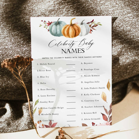 Fully editable and printable baby shower celebrity baby names game with a fall pumpkin design. Perfect for a Fall Pumpkin baby shower themed party