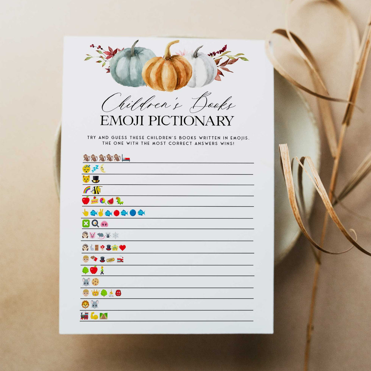 Fully editable and printable baby shower childrnes books emoji pictionary game with a fall pumpkin design. Perfect for a Fall Pumpkin baby shower themed party