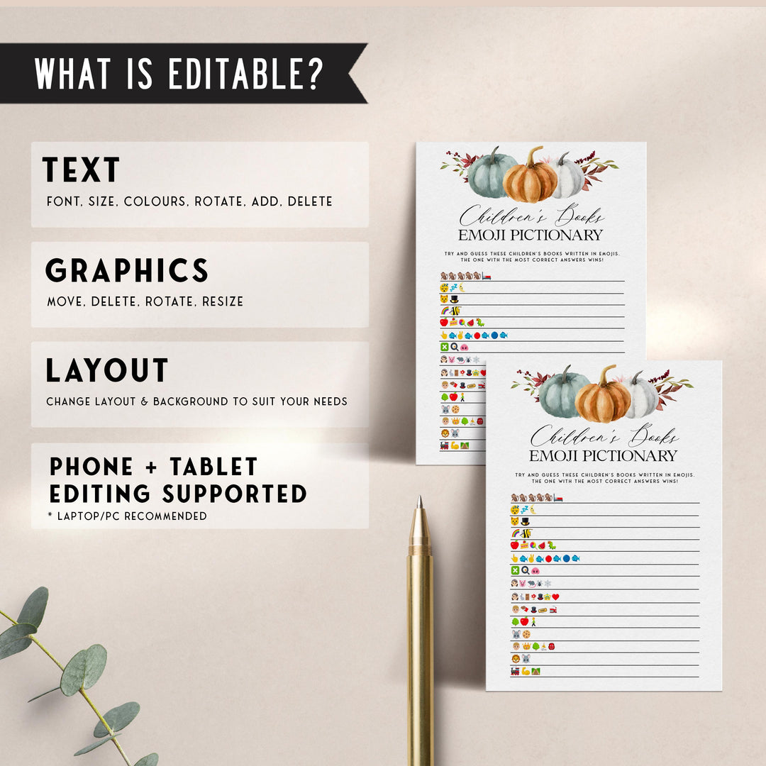 Fully editable and printable baby shower childrnes books emoji pictionary game with a fall pumpkin design. Perfect for a Fall Pumpkin baby shower themed party