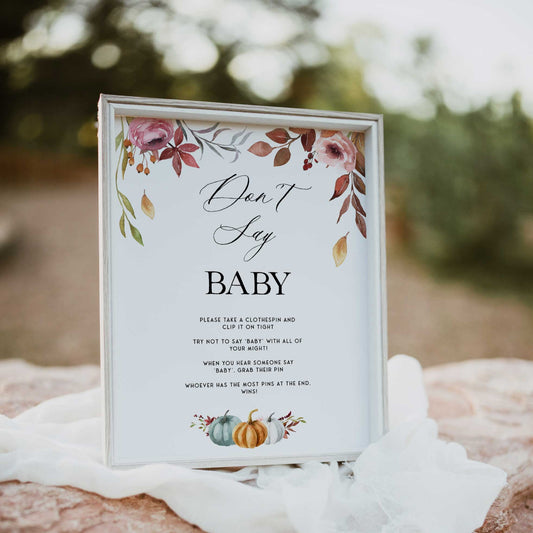 Fully editable and printable baby shower don't say baby game with a fall pumpkin design. Perfect for a Fall Pumpkin baby shower themed party