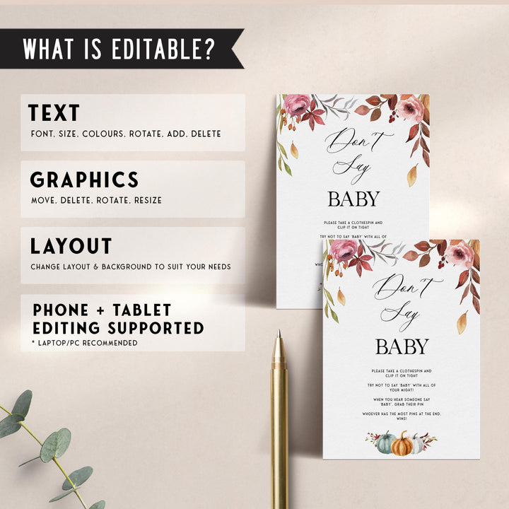 Fully editable and printable baby shower don't say baby game with a fall pumpkin design. Perfect for a Fall Pumpkin baby shower themed party