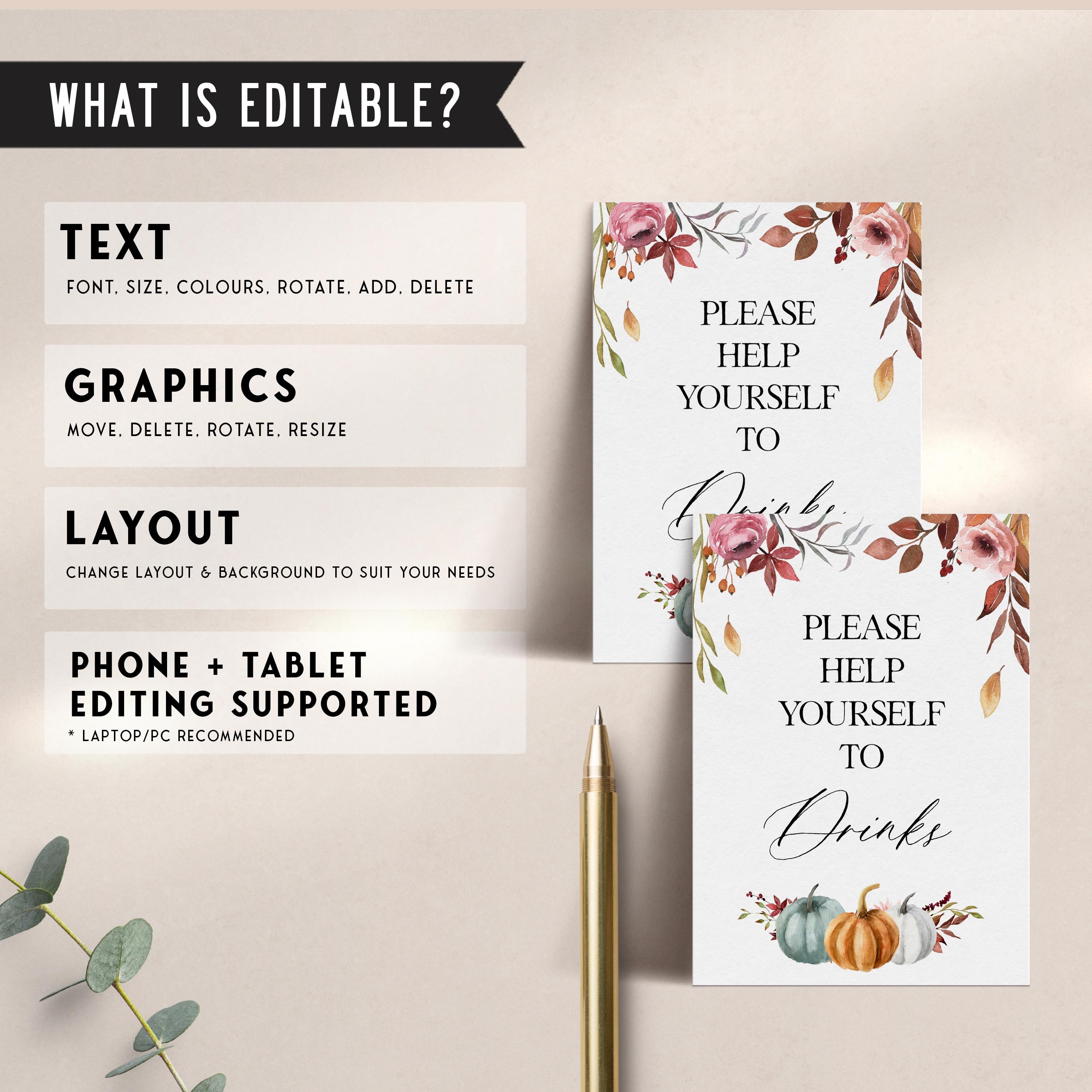 Fully editable and printable baby shower 8 table signs with a fall pumpkin design. Perfect for a Fall Pumpkin baby shower themed party