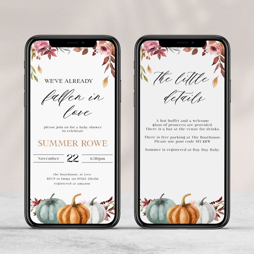 Fully editable baby shower invitation with a fall pumpkin design. Perfect for a Fall Pumpkin baby shower themed party