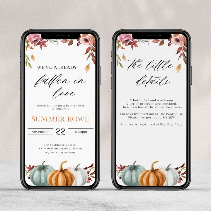 Fully editable baby shower invitation with a fall pumpkin design. Perfect for a Fall Pumpkin baby shower themed party