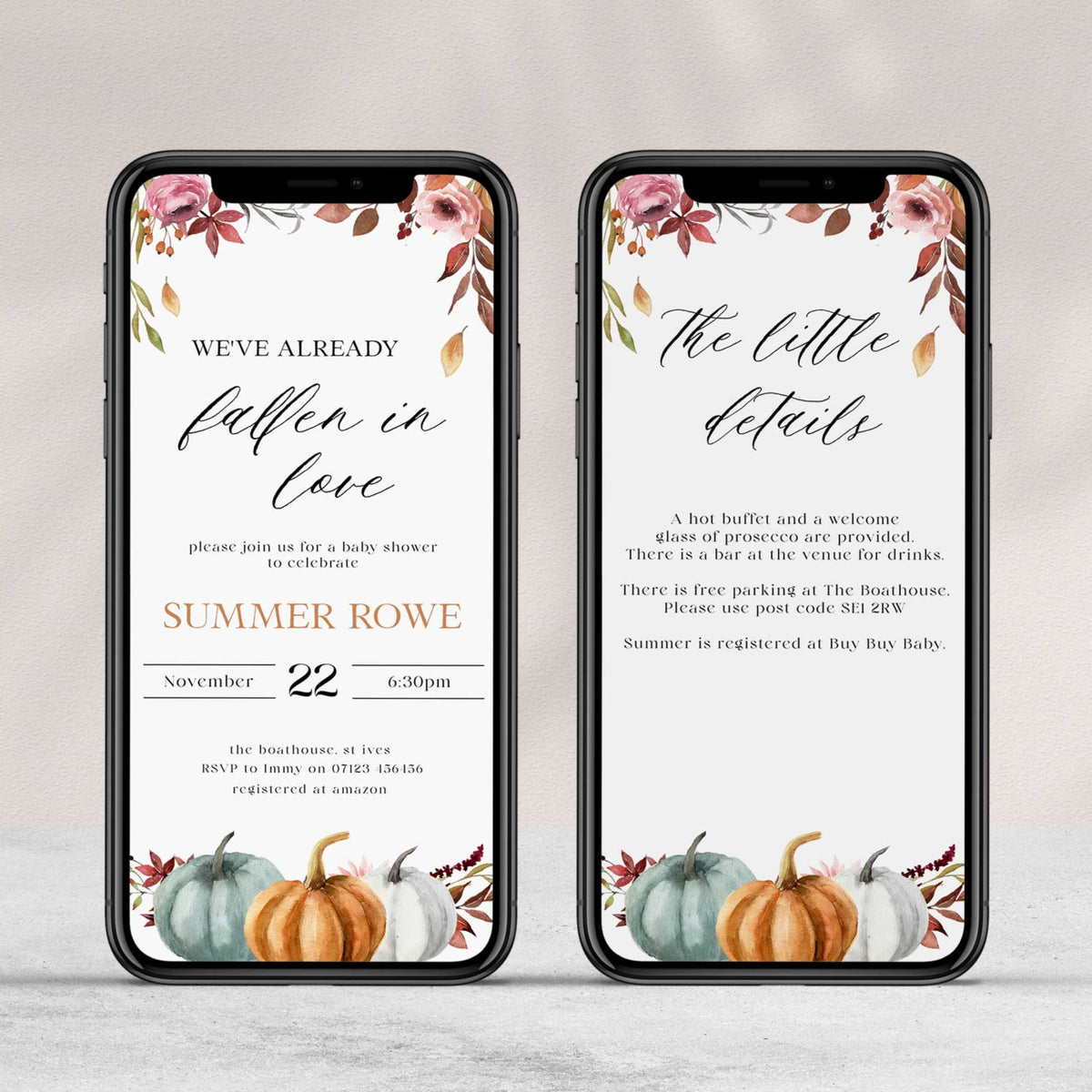 Fully editable baby shower invitation with a fall pumpkin design. Perfect for a Fall Pumpkin baby shower themed party