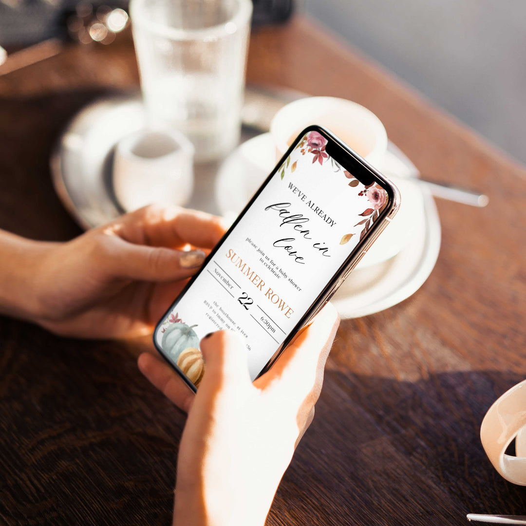 Fully editable baby shower invitation with a fall pumpkin design. Perfect for a Fall Pumpkin baby shower themed party