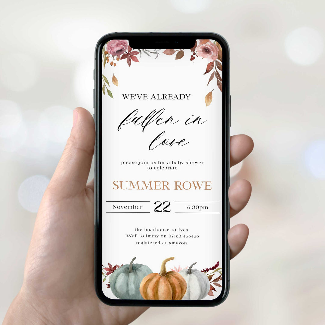 Fully editable baby shower invitation with a fall pumpkin design. Perfect for a Fall Pumpkin baby shower themed party