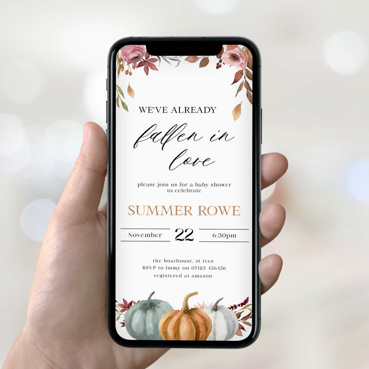 Fully editable baby shower invitation with a fall pumpkin design. Perfect for a Fall Pumpkin baby shower themed party