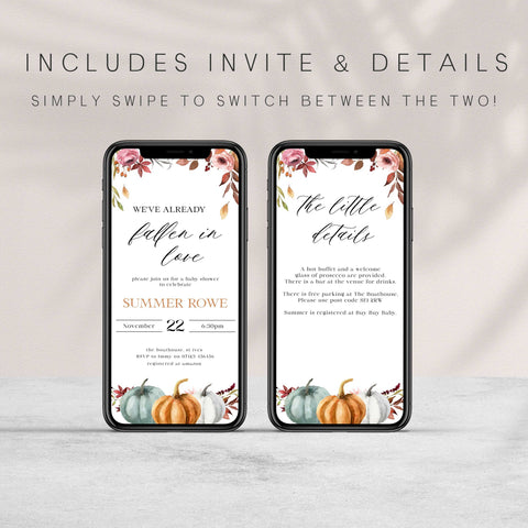 Fully editable baby shower invitation with a fall pumpkin design. Perfect for a Fall Pumpkin baby shower themed party