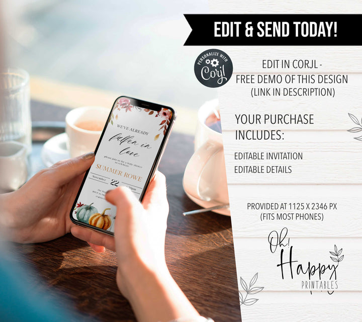 Fully editable baby shower invitation with a fall pumpkin design. Perfect for a Fall Pumpkin baby shower themed party