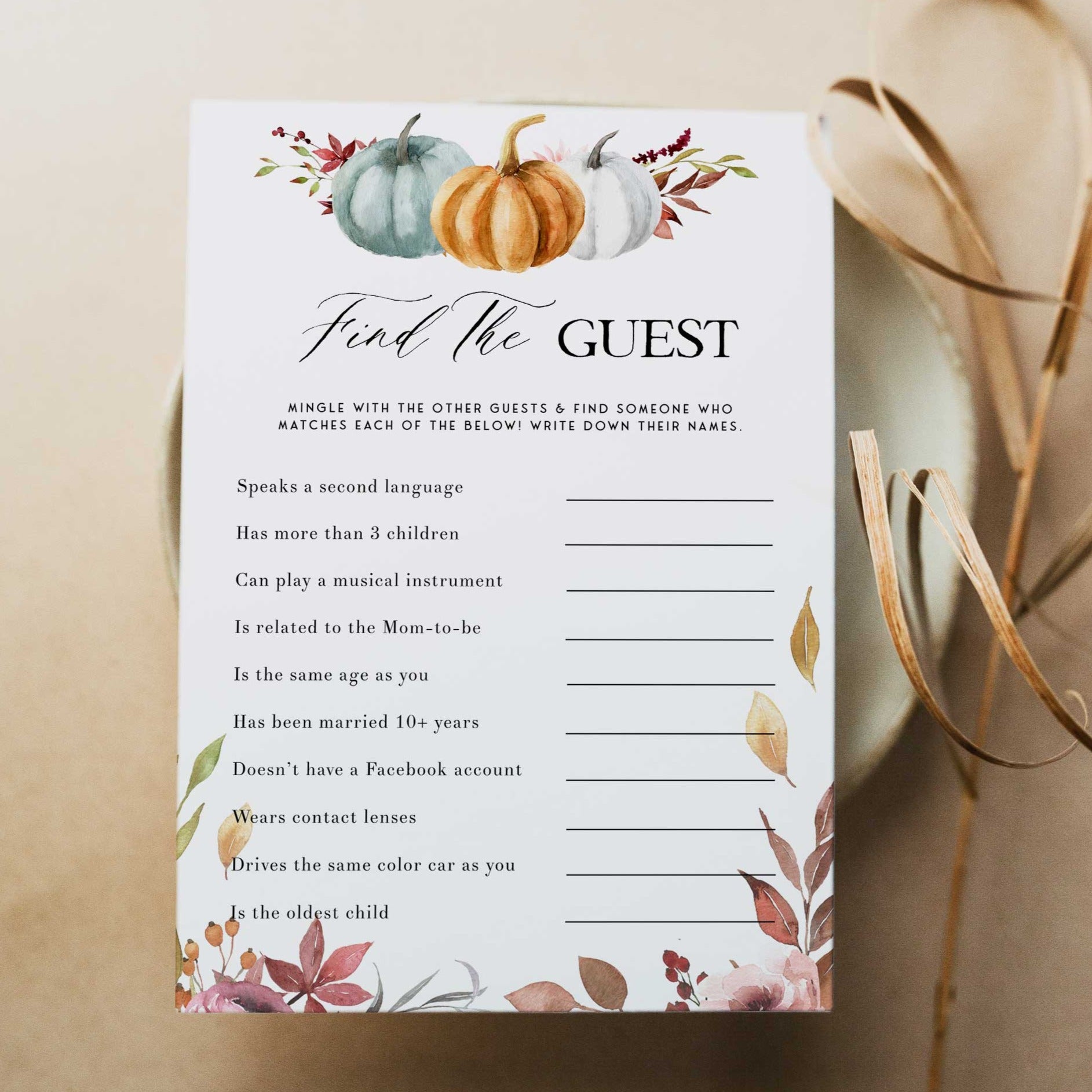 Fully editable and printable baby shower find the guest game with a fall pumpkin design. Perfect for a Fall Pumpkin baby shower themed party