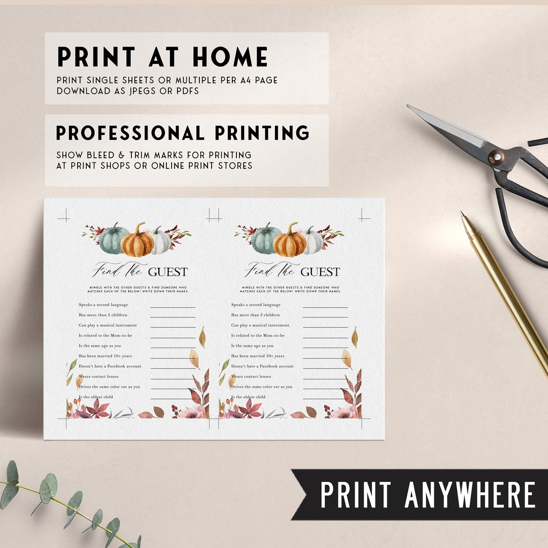 Fully editable and printable baby shower find the guest game with a fall pumpkin design. Perfect for a Fall Pumpkin baby shower themed party