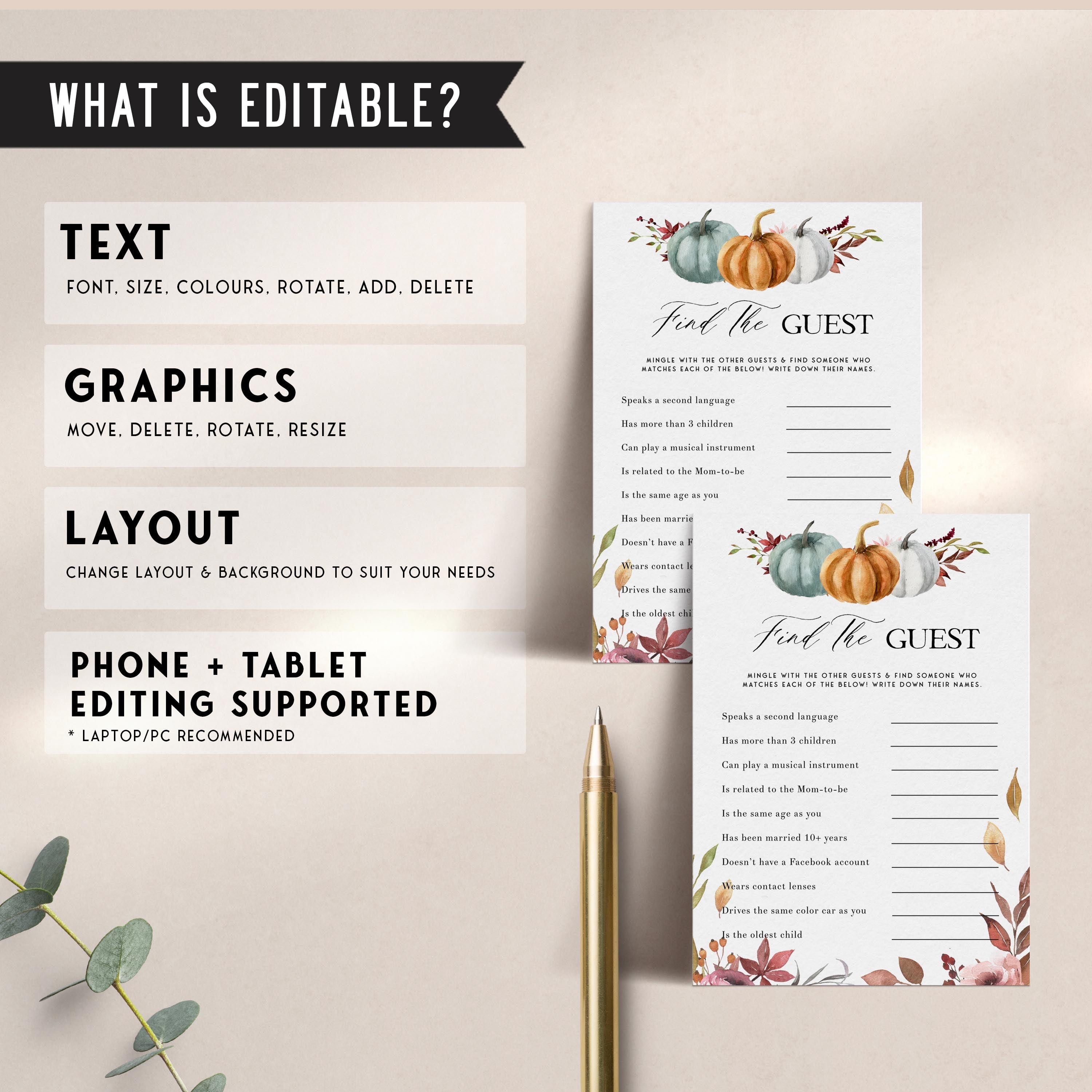 Fully editable and printable baby shower find the guest game with a fall pumpkin design. Perfect for a Fall Pumpkin baby shower themed party