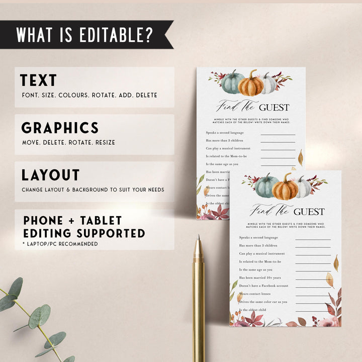 Fully editable and printable baby shower find the guest game with a fall pumpkin design. Perfect for a Fall Pumpkin baby shower themed party