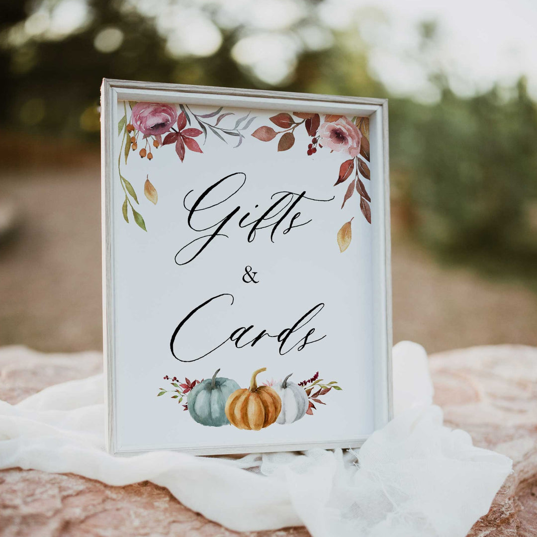 Fully editable and printable baby shower 8 table signs with a fall pumpkin design. Perfect for a Fall Pumpkin baby shower themed party