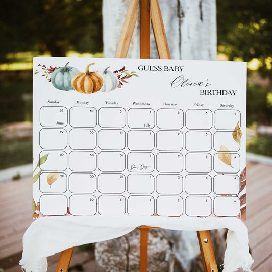 Fully editable and printable baby shower guess the baby birthday game with a fall pumpkin design. Perfect for a Fall Pumpkin baby shower themed party