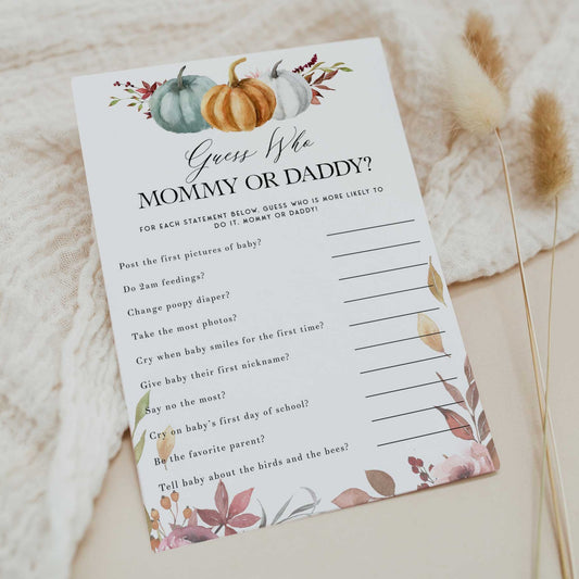 Fully editable and printable baby shower guess who said it game with a fall pumpkin design. Perfect for a Fall Pumpkin baby shower themed party