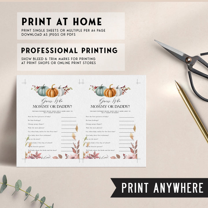 Fully editable and printable baby shower guess who said it game with a fall pumpkin design. Perfect for a Fall Pumpkin baby shower themed party