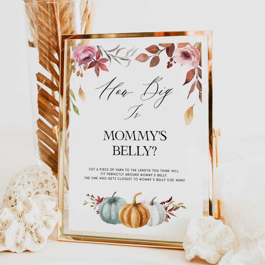 Fully editable and printable baby shower how big is mommys belly game with a fall pumpkin design. Perfect for a Fall Pumpkin baby shower themed party