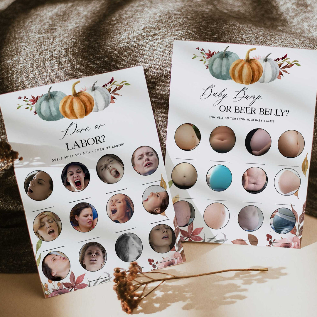Fully editable and printable baby shower porn or labor, baby bump or beer bally games with a fall pumpkin design. Perfect for a Fall Pumpkin baby shower themed party